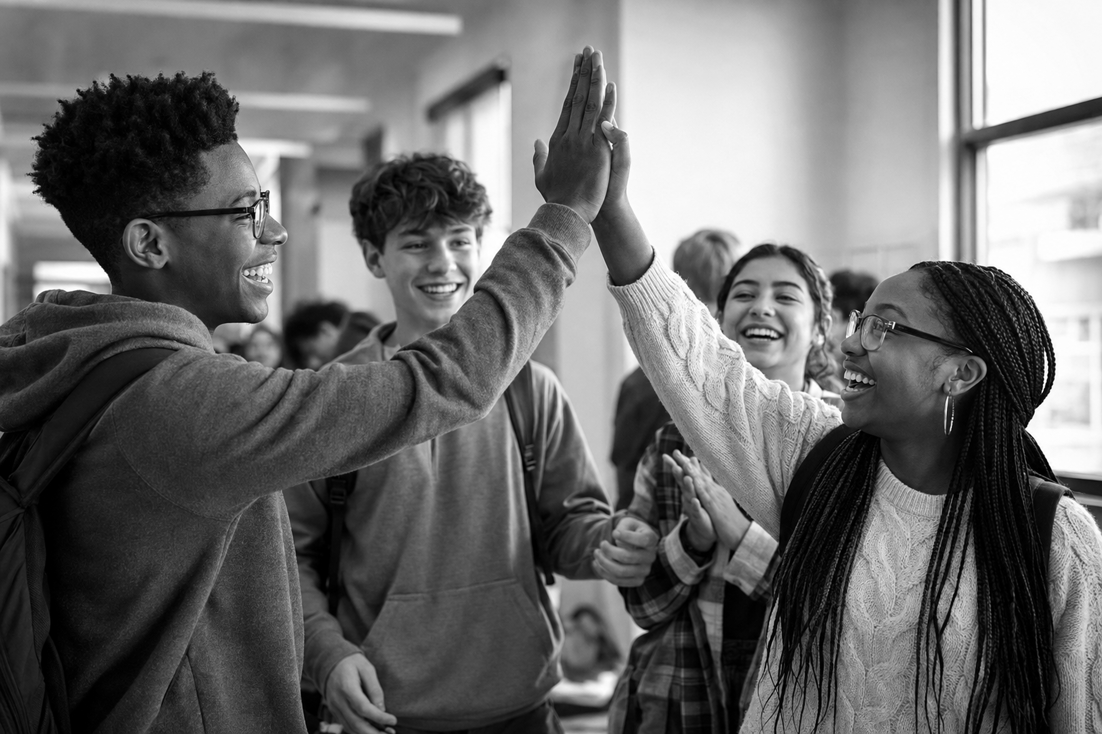 Students smile as two classmates high-five in a bright school hallway.