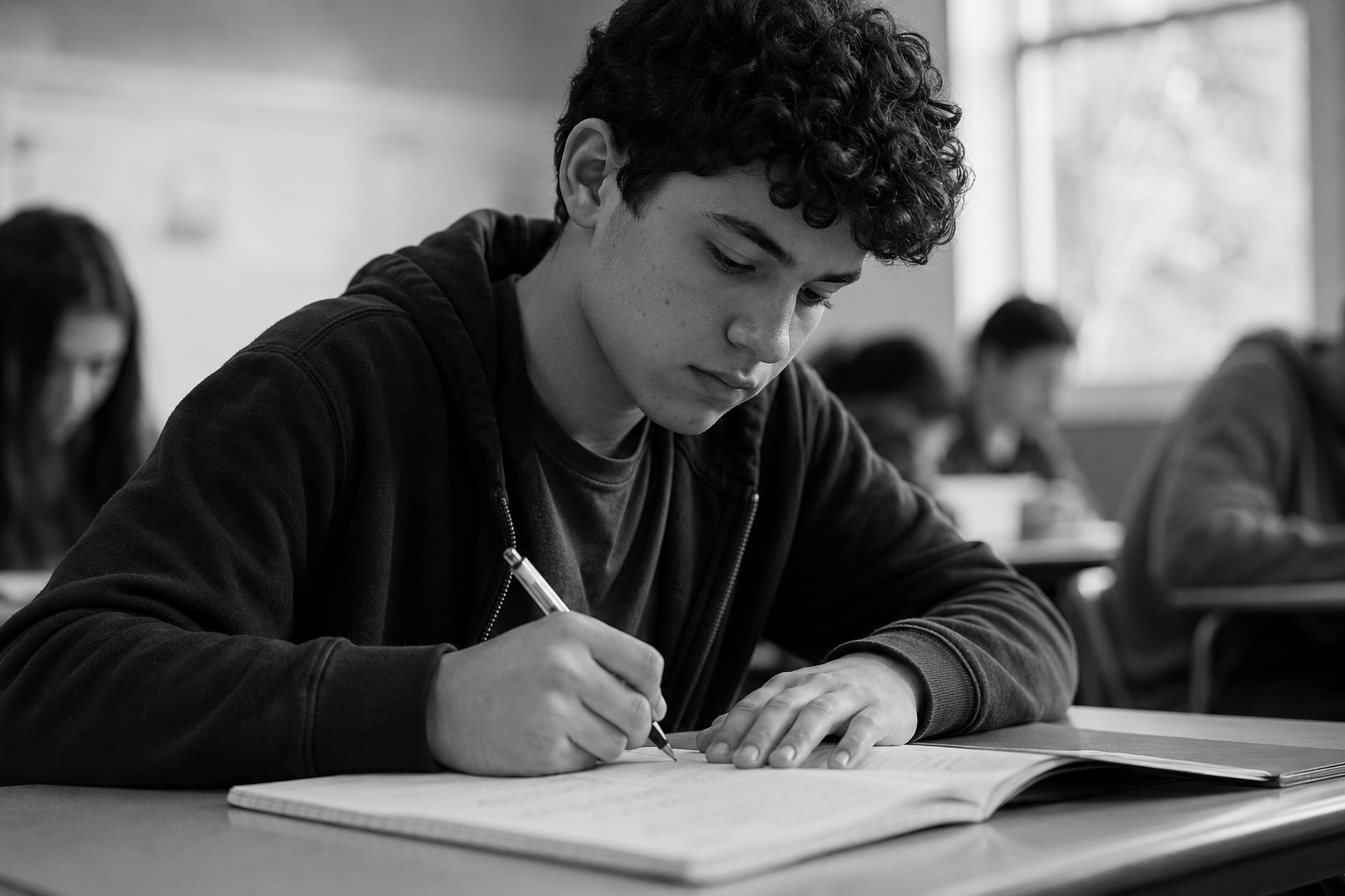 A student writes in an open notebook at a classroom desk while classmates work in the background.