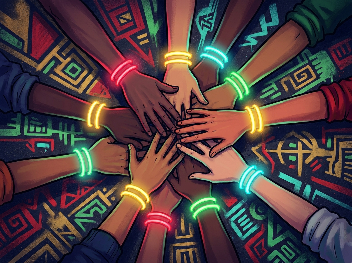 Diverse hands stacked together in a huddle wearing neon wristbands — illustrated