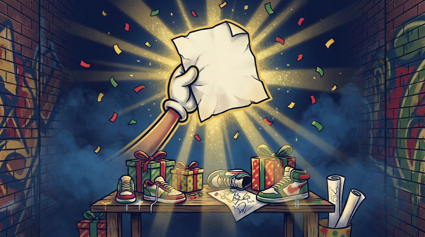 A kid's hand raising a report card like a championship trophy with golden light and confetti — illustrated