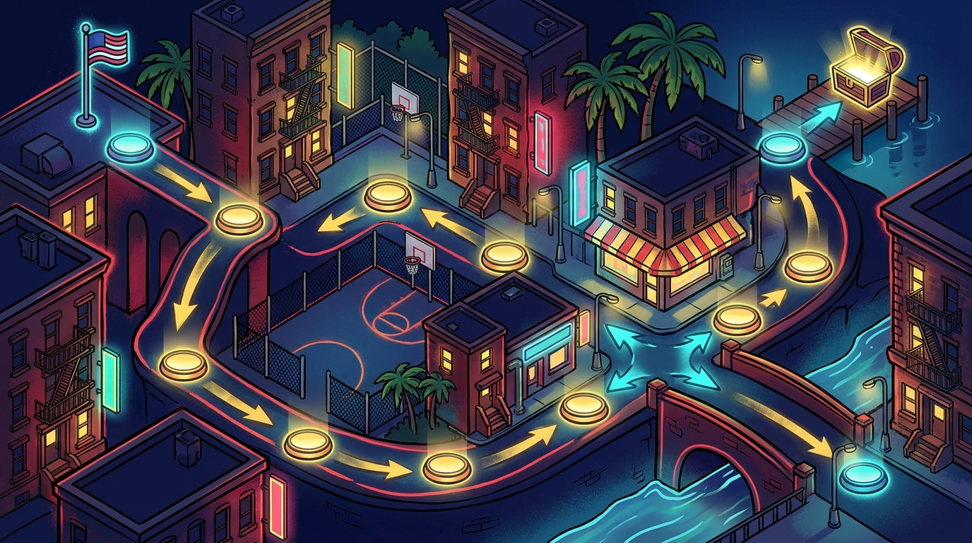 Isometric video-game style level map winding through a NYC neighborhood with glowing checkpoints — illustrated