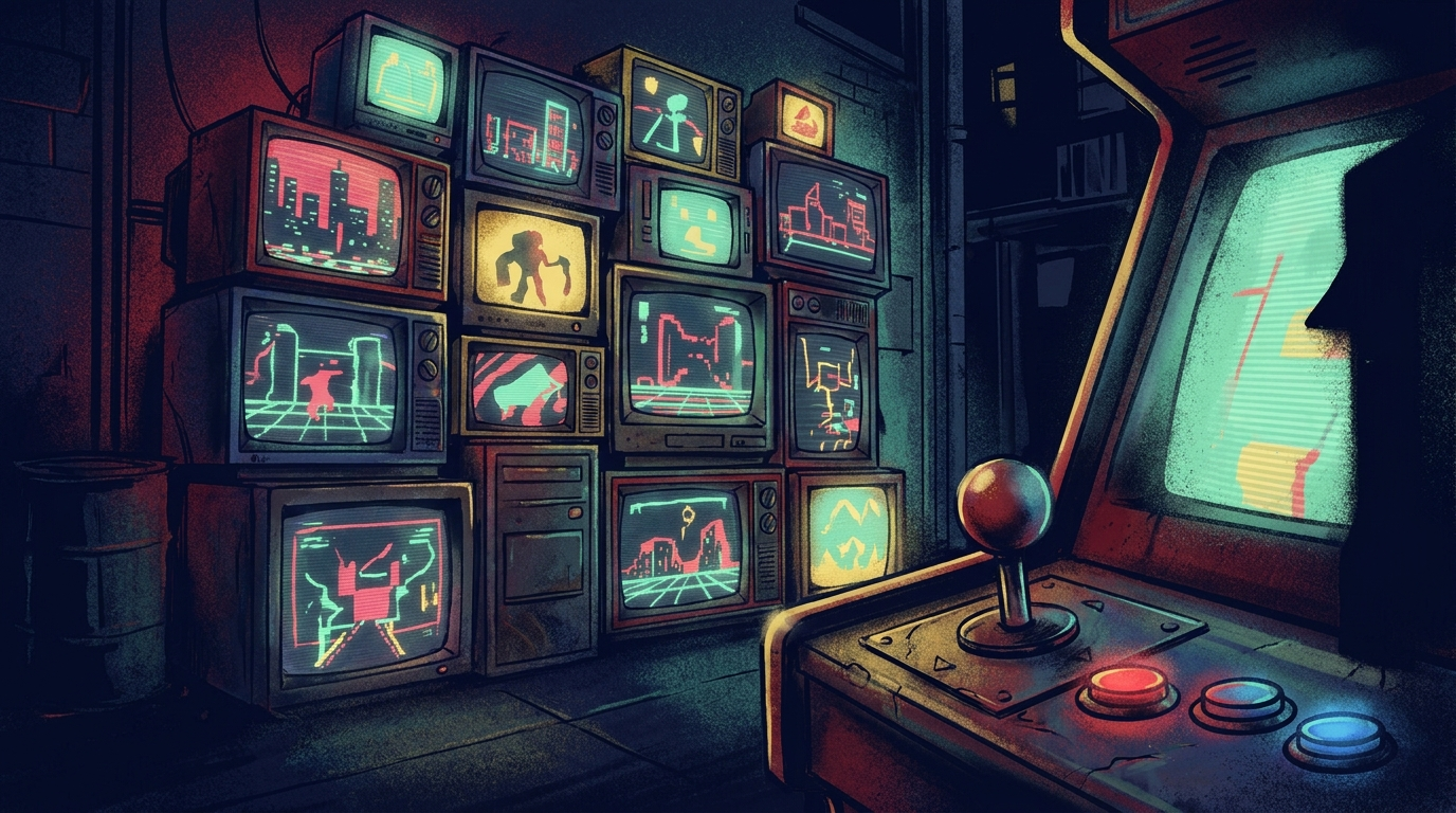 Wall of glowing retro arcade screens — illustrated