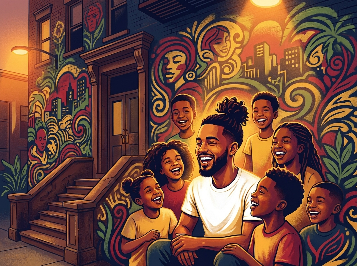 Island Ock laughing with kids and teens on brownstone steps at golden hour — illustrated