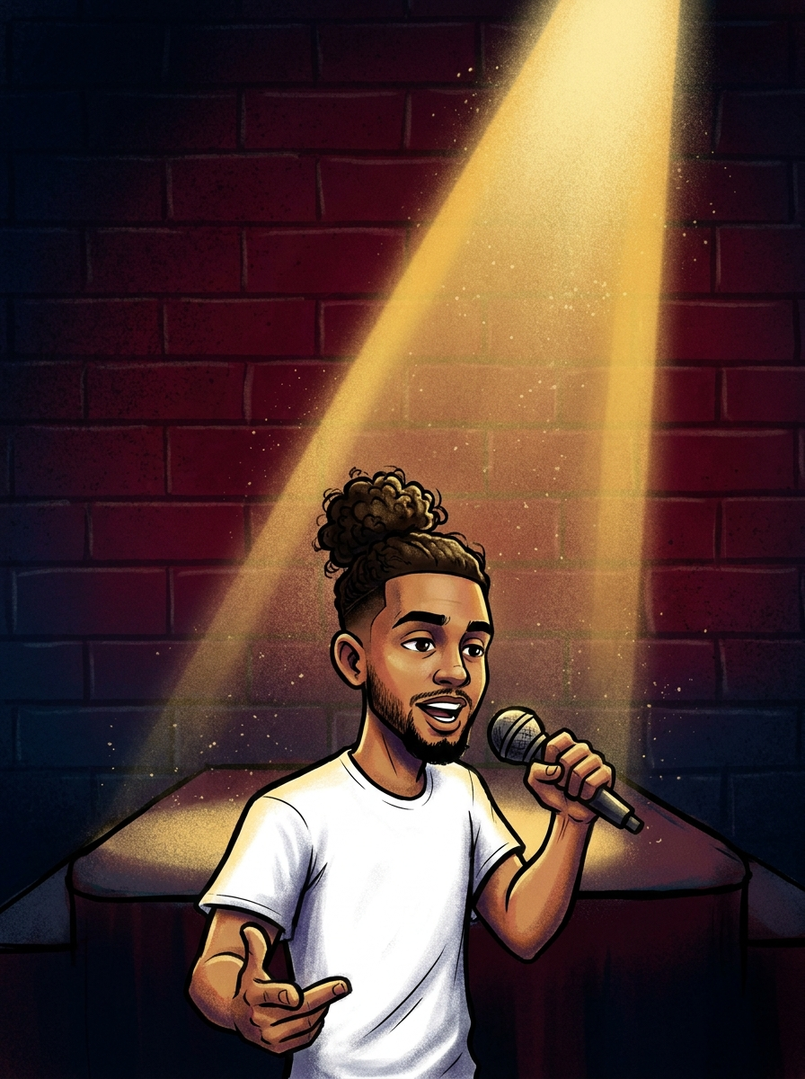 Island Ock speaking into a microphone under a spotlight — illustrated