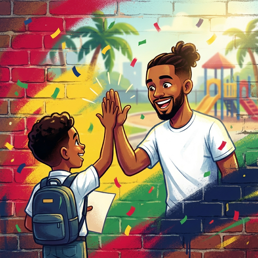 Island Ock high-fiving a student holding up their grades, confetti falling — illustrated