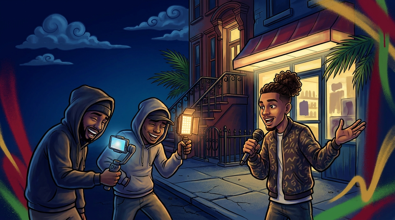Friends filming a comedy bit on a brownstone sidewalk at night — illustrated
