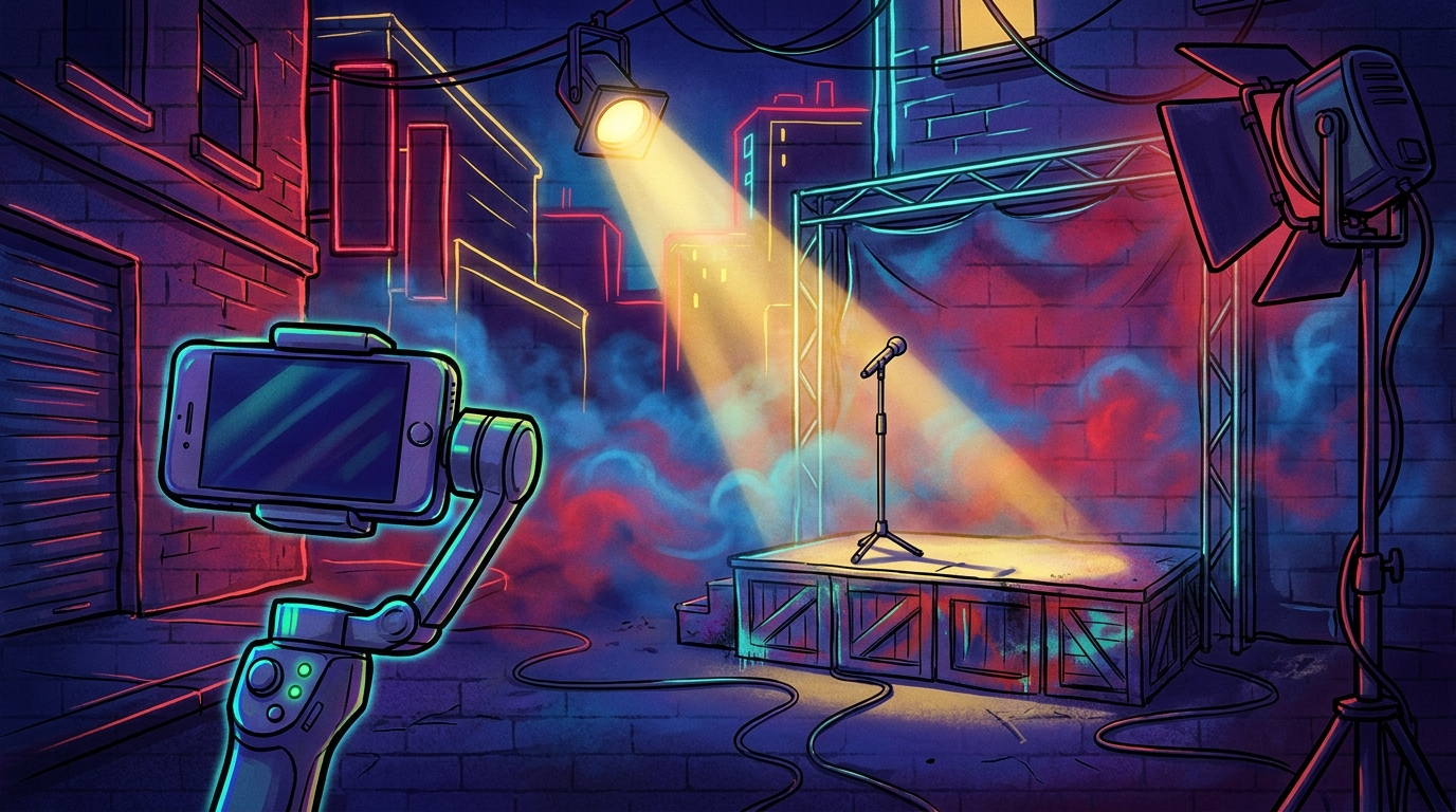 A neon-lit street film set with a phone gimbal and spotlit microphone stand — illustrated